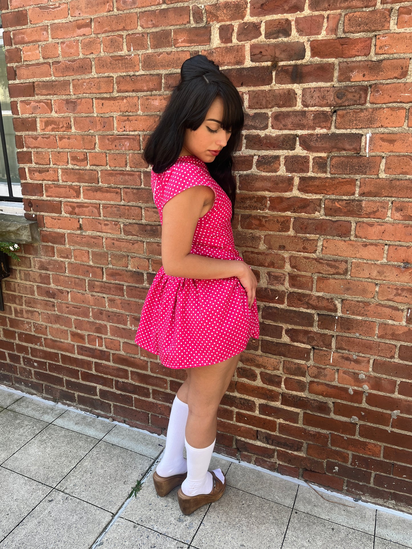 Pink Polka Dot Drop Waist Mini Dress