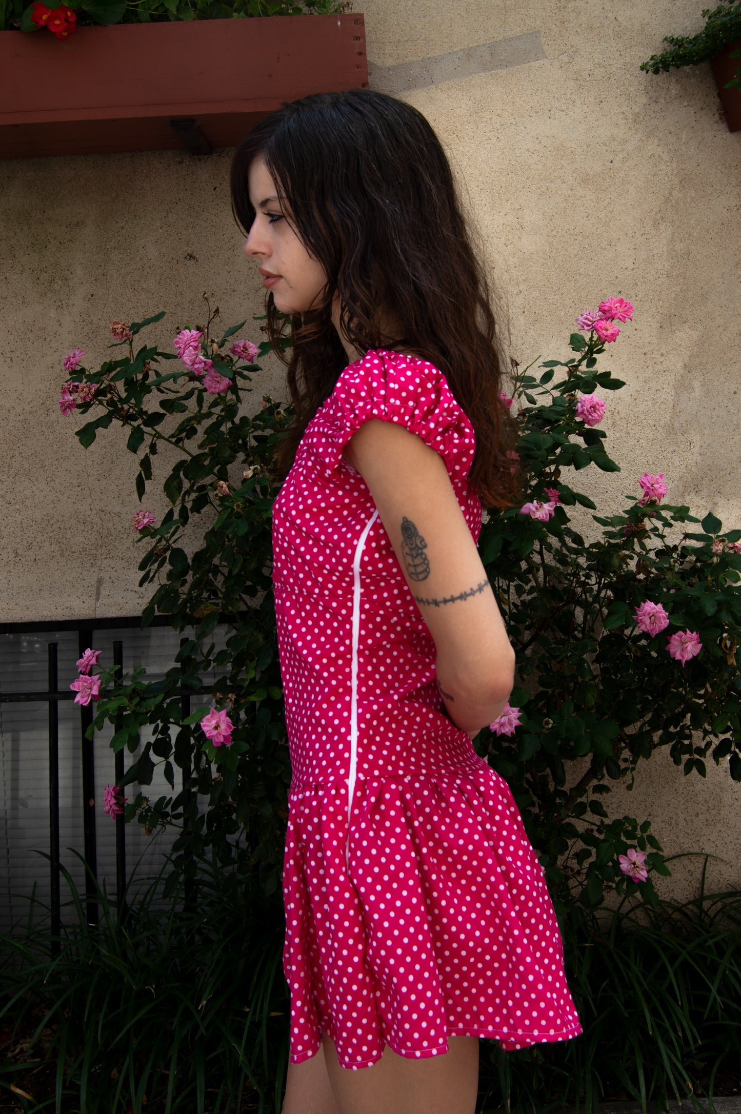 Pink Polka Dot Drop Waist Mini Dress
