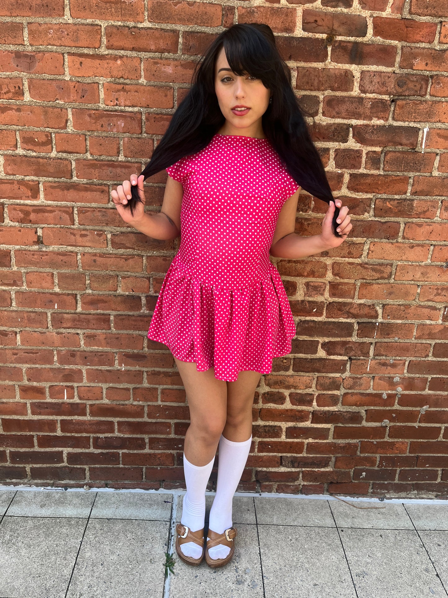 Pink Polka Dot Drop Waist Mini Dress