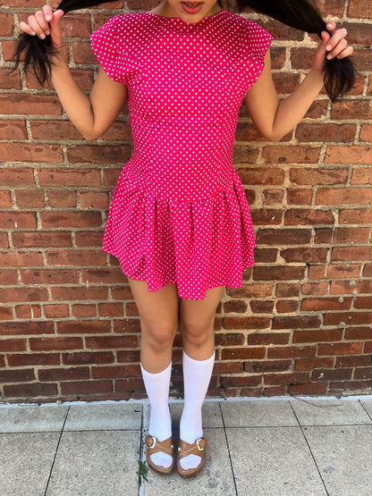 Pink Polka Dot Drop Waist Mini Dress