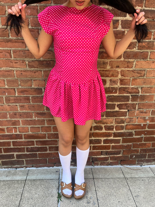 Pink Polka Dot Drop Waist Mini Dress