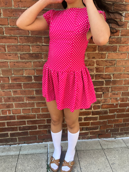 Pink Polka Dot Drop Waist Mini Dress
