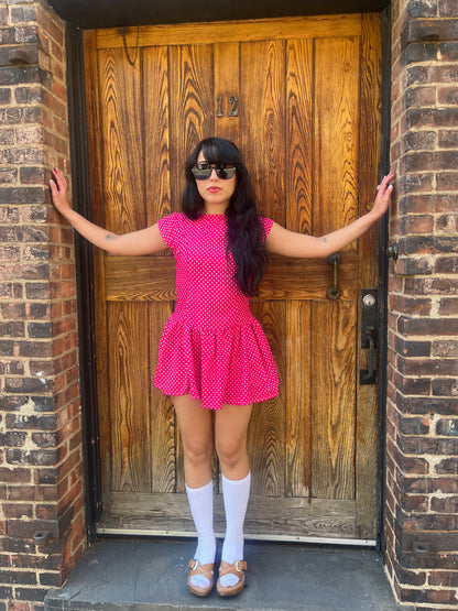 Pink Polka Dot Drop Waist Mini Dress