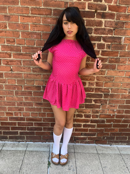 Pink Polka Dot Drop Waist Mini Dress