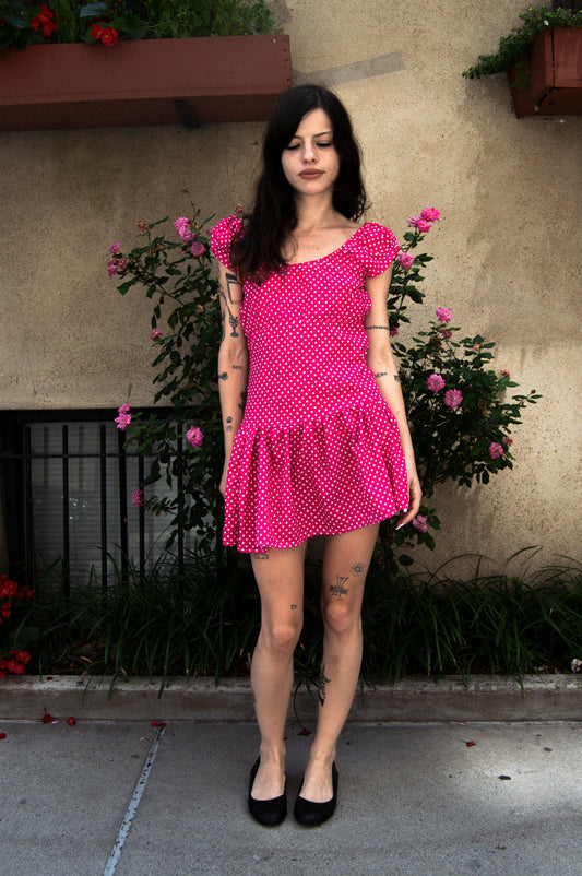 Pink Polka Dot Drop Waist Mini Dress